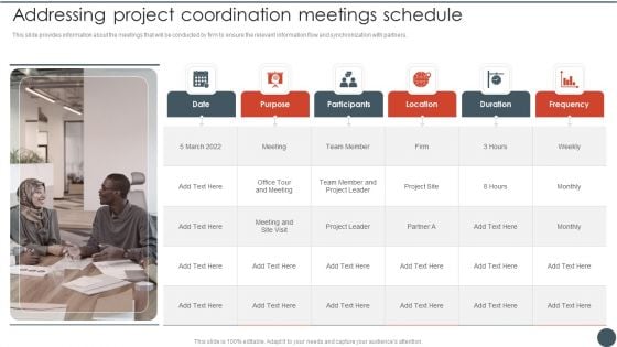 Project Team Engagement Tasks Addressing Project Coordination Meetings Schedule Background PDF