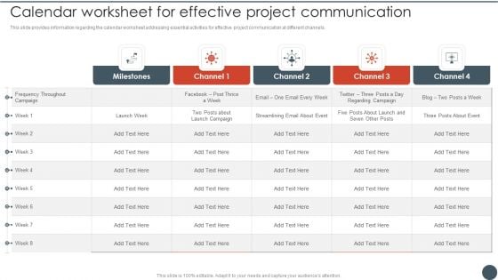 Project Team Engagement Tasks Calendar Worksheet For Effective Project Communication Inspiration PDF