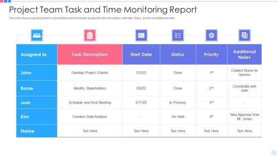 Project Team Task And Time Monitoring Report Topics PDF