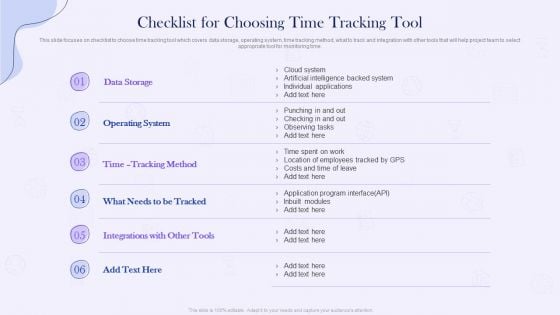 Project Time Management Execution Strategies Checklist For Choosing Time Tracking Tool Sample PDF