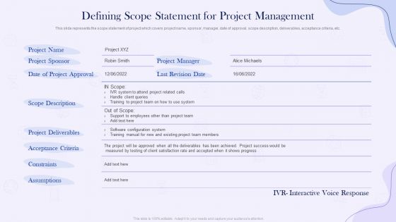 Project Time Management Execution Strategies Defining Scope Statement For Project Management Icons PDF