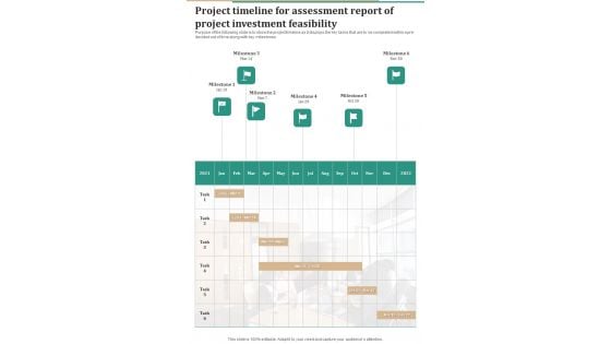 Project Timeline For Assessment Report Of Project Investment Feasibility One Pager Sample Example Document