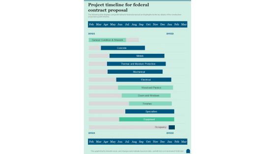 Project Timeline For Federal Contract Proposal One Pager Sample Example Document