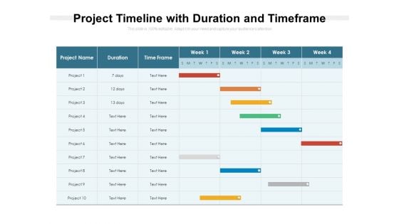 Project Timeline With Duration And Timeframe Ppt PowerPoint Presentation Model Slideshow PDF
