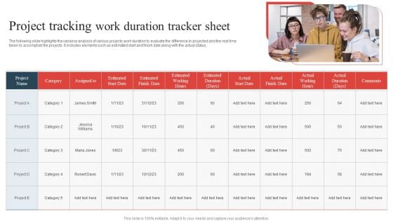 Project Tracking Work Duration Tracker Sheet Slides PDF