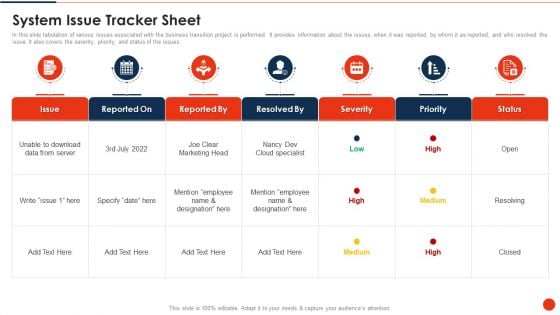 Project Transition Plan System Issue Tracker Sheet Ppt PowerPoint Presentation Gallery Visual Aids PDF Project Transition Plan System Issue Tracker Sheet Ppt PowerPoint Presentation Gallery Visual Aids PDF