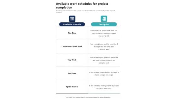 Project Work Arrangement Available Work Schedules For Project One Pager Sample Example Document Project Work Arrangement Available Work Schedules For Project One Pager Sample Example Document