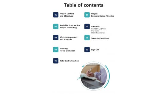 Project Work Arrangement Proposal Table Of Contents One Pager Sample Example Document