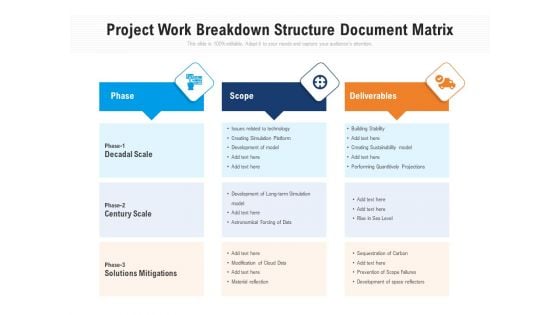 Project Work Breakdown Structure Document Matrix Ppt PowerPoint Presentation Professional Information PDF