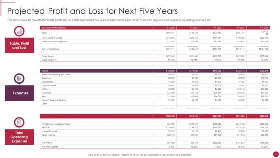 Projected Profit And Loss For Next Five Years Start Up Master Plan Sample PDF