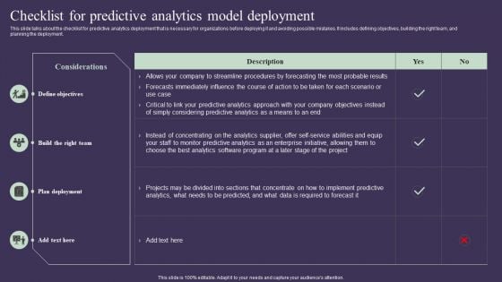 Projection Model Checklist For Predictive Analytics Model Deployment Mockup PDF