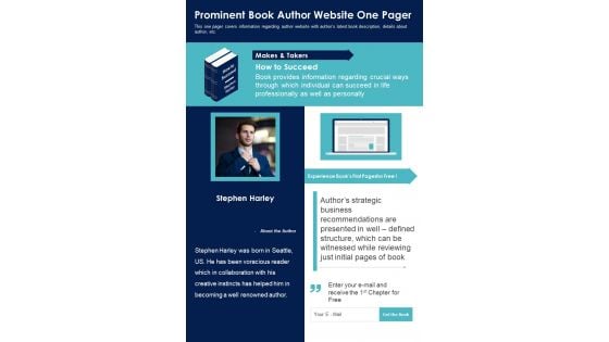 Prominent Book Author Website One Pager PDF Document PPT Template