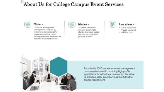 Promoting University Event About Us For College Campus Event Services Ppt Model Example PDF