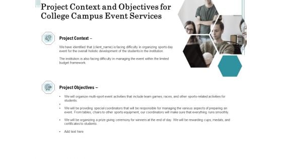 Promoting University Event Project Context And Objectives For College Campus Event Services Infographics PDF