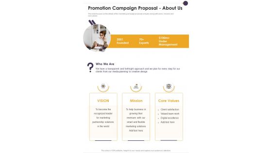 Promotion Campaign Proposal About Us One Pager Sample Example Document