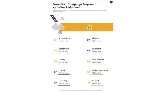 Promotion Campaign Proposal Activities Performed One Pager Sample Example Document