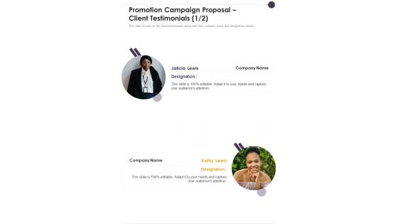 Promotion Campaign Proposal Client Testimonials One Pager Sample Example Document Promotion Campaign Proposal Client Testimonials One Pager Sample Example Document