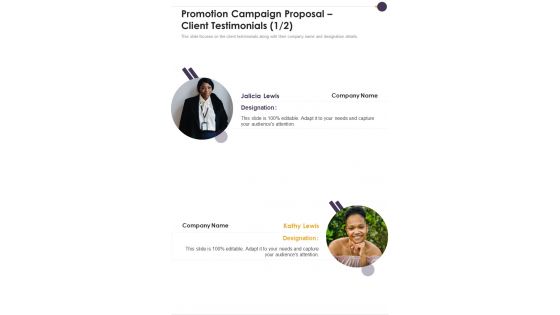 Promotion Campaign Proposal Client Testimonials One Pager Sample Example Document