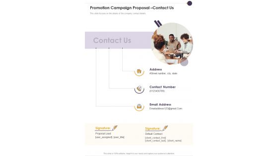 Promotion Campaign Proposal Contact Us One Pager Sample Example Document Promotion Campaign Proposal Contact Us One Pager Sample Example Document