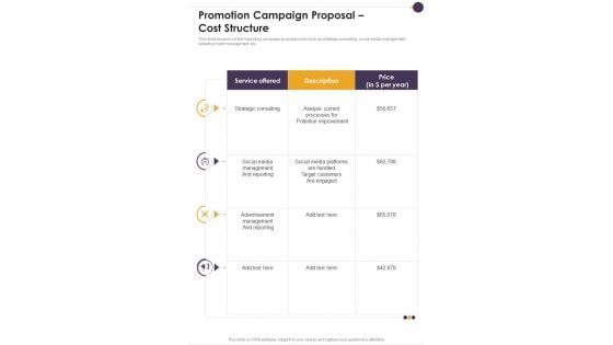 Promotion Campaign Proposal Cost Structure One Pager Sample Example Document