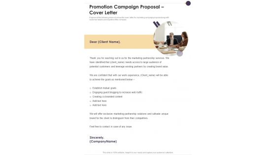 Promotion Campaign Proposal Cover Letter One Pager Sample Example Document