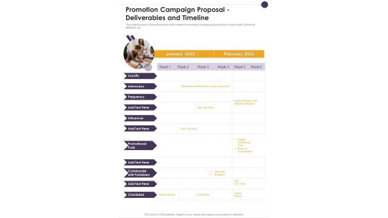 Promotion Campaign Proposal Deliverables And Timeline One Pager Sample Example Document