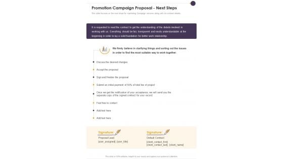 Promotion Campaign Proposal Next Steps One Pager Sample Example Document Promotion Campaign Proposal Next Steps One Pager Sample Example Document