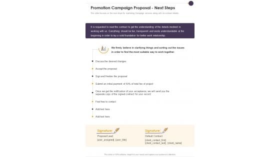 Promotion Campaign Proposal Next Steps One Pager Sample Example Document