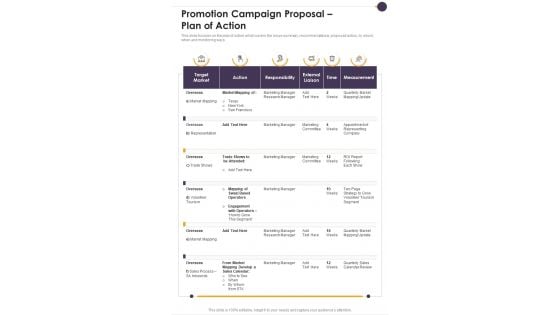 Promotion Campaign Proposal Plan Of Action One Pager Sample Example Document