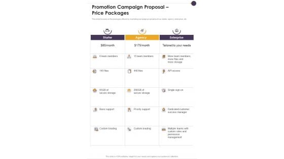 Promotion Campaign Proposal Price Packages One Pager Sample Example Document