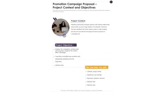 Promotion Campaign Proposal Project Context And Objectives One Pager Sample Example Document