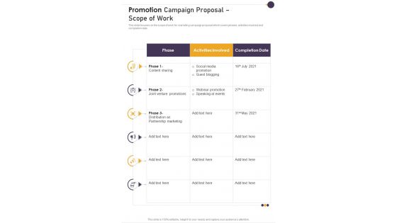 Promotion Campaign Proposal Scope Of Work One Pager Sample Example Document Promotion Campaign Proposal Scope Of Work One Pager Sample Example Document
