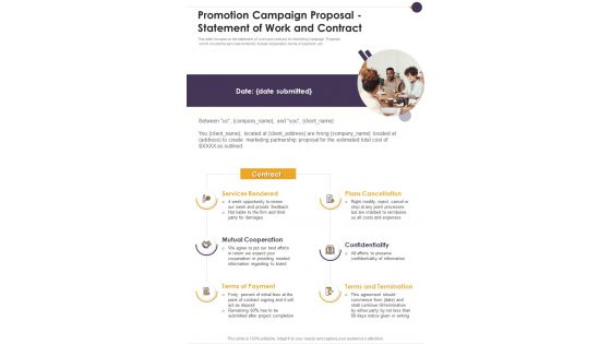 Promotion Campaign Proposal Statement Of Work And Contract One Pager Sample Example Document