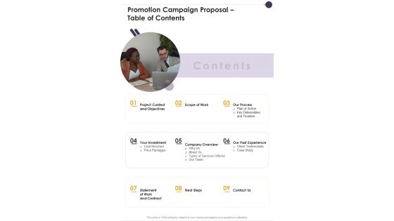 Promotion Campaign Proposal Table Of Contents One Pager Sample Example Document Promotion Campaign Proposal Table Of Contents One Pager Sample Example Document