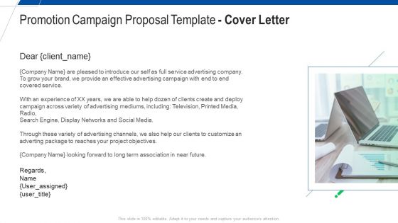 Promotion Campaign Proposal Template Cover Letter Ppt Icon Slideshow PDF