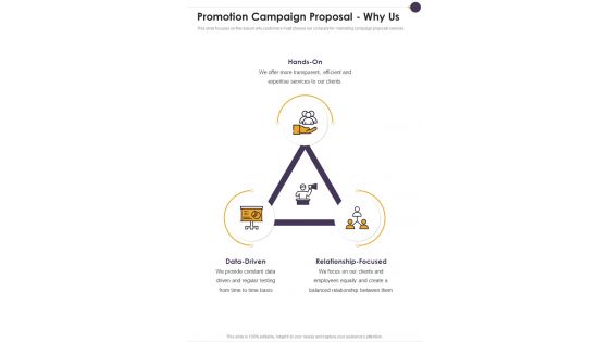 Promotion Campaign Proposal Why Us One Pager Sample Example Document