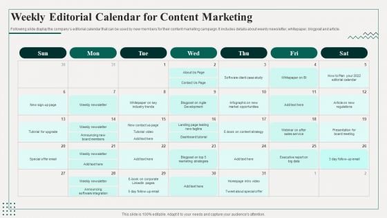 Promotion Playbook For Content Development Weekly Editorial Calendar For Content Marketing Infographics PDF