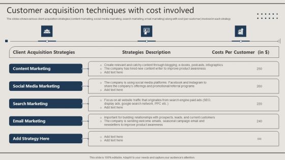 Promotion Techniques Used By B2B Firms Customer Acquisition Techniques With Cost Involved Mockup PDF
