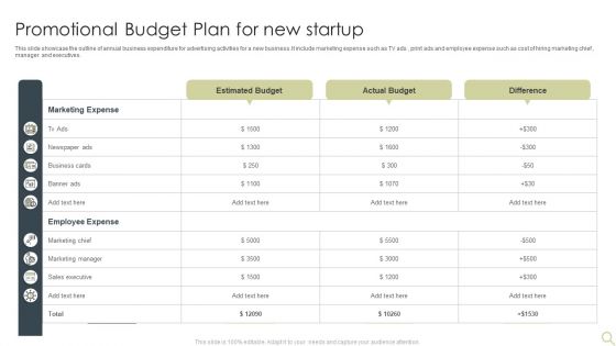 Promotional Budget Plan For New Startup Topics PDF