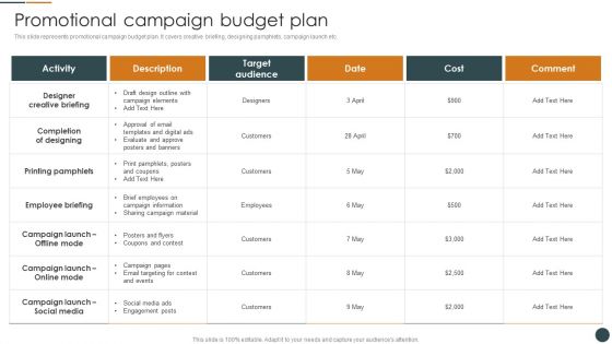 Promotional Campaign Budget Plan Brand Promotion Techniques To Enhance Rules PDF