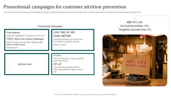 Promotional Campaigns For Customer Attrition Prevention Ppt PowerPoint Presentation Model Icon PDF