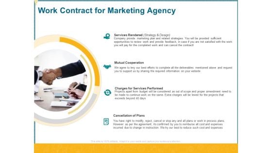 Promotional Services Work Contract For Marketing Agency Ppt Layouts Information PDF