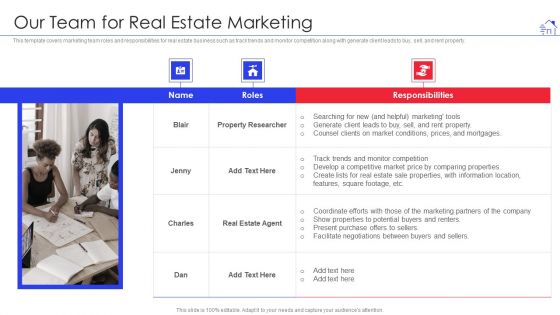 Promotional Strategies For Property Development Firm Our Team For Real Estate Marketing Pictures PDF