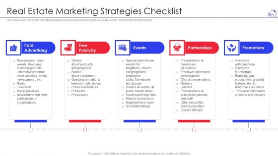 Promotional Strategies For Property Development Firm Real Estate Marketing Strategies Checklist Professional PDF Promotional Strategies For Property Development Firm Real Estate Marketing Strategies Checklist Professional PDF