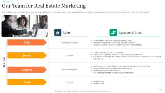 Promotional Strategy For Real Estate Project Our Team For Real Estate Marketing Ideas PDF