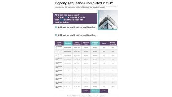 Property Acquisitions Completed In 2019 One Pager Documents