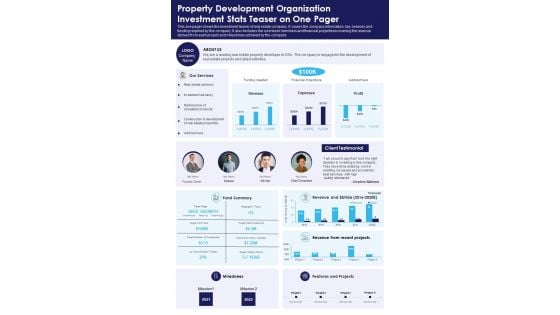 Property Development Organization Investment Stats Teaser On One Pager PDF Document PPT Template