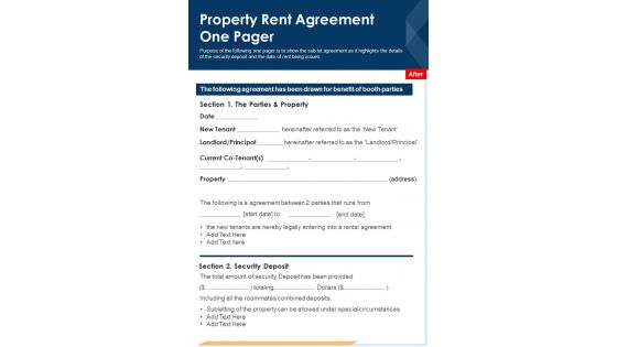 Property Rent Agreement One Pager PDF Document PPT Template