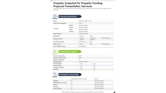 Property Snapshot For Property Funding Proposal Presentation Services One Pager Sample Example Document