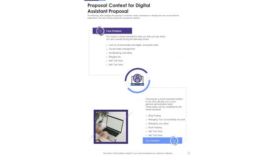 Proposal Context For Digital Assistant Proposal One Pager Sample Example Document